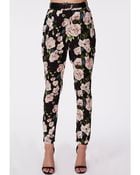 Missguided Georgiina Belted Rose Print High Waist Trousers Black - Lyst