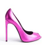 Saint Laurent Fuschia Nappa Silk Peep Toe Heels - Lyst