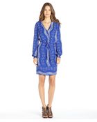 Marchesa Voyage Blue And White Silk Faux Wrap Long Sleeve Printed Dress - Lyst