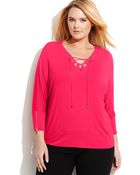 Calvin Klein Plus Size Three-Quarter-Sleeve Lace-Up Top - Lyst