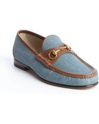 Gucci Denim Canvas Leather Trimmed Horsebit Detail Loafers - Lyst