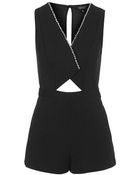 Topshop V-Neck Diamante Playsuit - Lyst