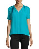 Halston Heritage Short-Sleeve Silk Blouse With Pleating - Lyst