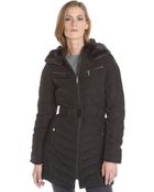 Kenneth Cole Black Quilted Down Filled Faux Fur Collar Belted Hooded Jacket - Lyst