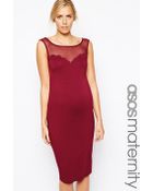 Asos Maternity Midi Body-Conscious Dress With Scallop And Sheer Detail - Lyst
