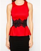 Ax Paris Scuba Peplum Top With Lace Panel - Lyst