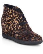 Prada Leopard-Print Calf Hair Wedge Sneakers - Lyst