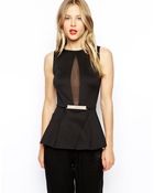 Asos Peplum Top With Mesh And Gold Bar - Lyst