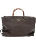 Gucci Ash Brown Leather Bamboo Handle Convertible Tote - Lyst
