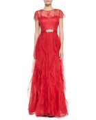 Rickie Freeman for Teri Jon Cap-Sleeve Belted Ruffle-Skirt Gown - Lyst