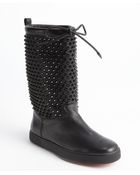 Christian Louboutin Black Calf Leather Studded Detail Drawstring 'Surlapony Flat' Boots - Lyst