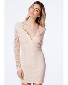 Missguided Anais Nude Lace Plunge Neck Mini Dress - Lyst