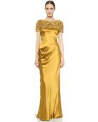 Marchesa Beaded Satin Gown With Open Back - Saffron - Lyst