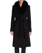 Ellen Tracy Belted Fox Fur-Collar Wrap Coat - Lyst