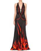 Roberto Cavalli Bead-embellished Fire-print Silk-satin Gown - Lyst