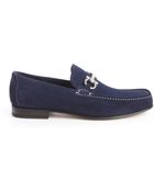 Ferragamo Blue Marine Suede Moc Toe Horsebit Loafers - Lyst
