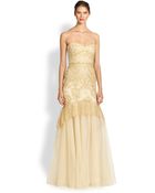 Notte By Marchesa Strapless Metallic Lace Gown - Lyst