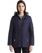 Anne Klein Navy Quilted Down Filled Faux Fur Hooded Zip Front Jacket - Lyst