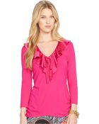 Lauren by Ralph Lauren Three-Quarter-Sleeve Ruffled V-Neck Top - Lyst