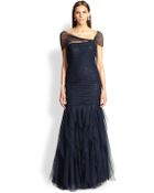 Teri Jon Ruched Tulle Sequin Gown - Lyst