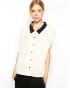 Ganni Sleeveless Silk Shirt With Contrast Collar - Lyst