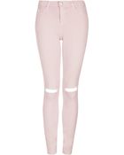 Topshop Moto Pale Pink Rip Leigh Jeans - Lyst