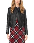 Michael Kors Quilted Leather-Paneled Moto Jacket - Lyst