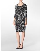 Calvin Klein Marble Print Ruched 3/4 Sleeve Matte Jersey Dress - Lyst