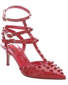 Valentino Red Leather 'Rockstud' T-Strap Pointed Toe Pumps - Lyst