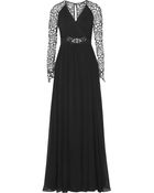 Badgley Mischka Crochet-Paneled Silk-Chiffon Gown - Lyst