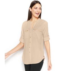 Calvin Klein Roll-Tab-Sleeve Zip-Pocket Blouse - Lyst
