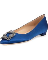 Manolo Blahnik Hangisi Crystal-Buckle Satin Flat - Lyst