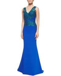 Badgley Mischka Sleeveless Open-Back Lace-Bodice Gown - Lyst