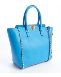 Valentino Ocean Blue Leather Rockstud Studded Detail Small Convertible Top Handle Tote - Lyst