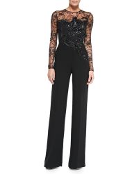Elie Saab Long-Sleeve Embroidered Lace Jumpsuit - Lyst
