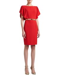 St. John Collection Luxe Crepe Bateau Neck Dress with Shoulder Ruffle and Back Slit - Lyst