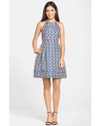 Eliza J Boatneck Jacquard Fit Flare Dress in Silver (champagne) | Lyst