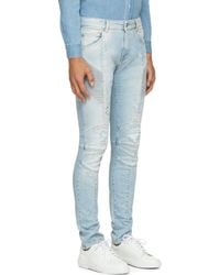 Balmain Blue Distressed And Ribbed Biker Jeans - Lyst