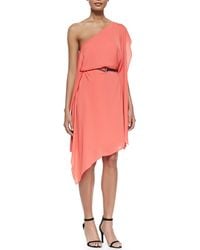Halston Heritage One-Shoulder Flowy Dress W/ Belt - Lyst