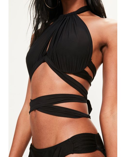 Missguided Black Mesh Inserts Wrap Around Bikini Set In Black Lyst