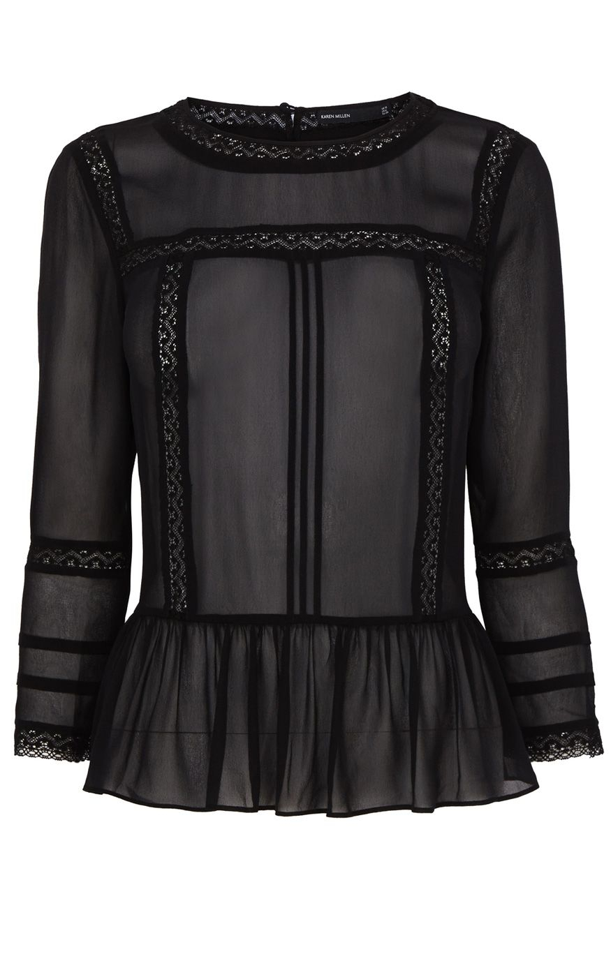 Karen Millen Sheer Silk And Lace Blouse In Black Lyst 7914