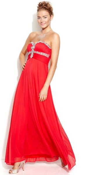 Xscape Strapless Embellished Ruched Gown in Red (Watermelon)