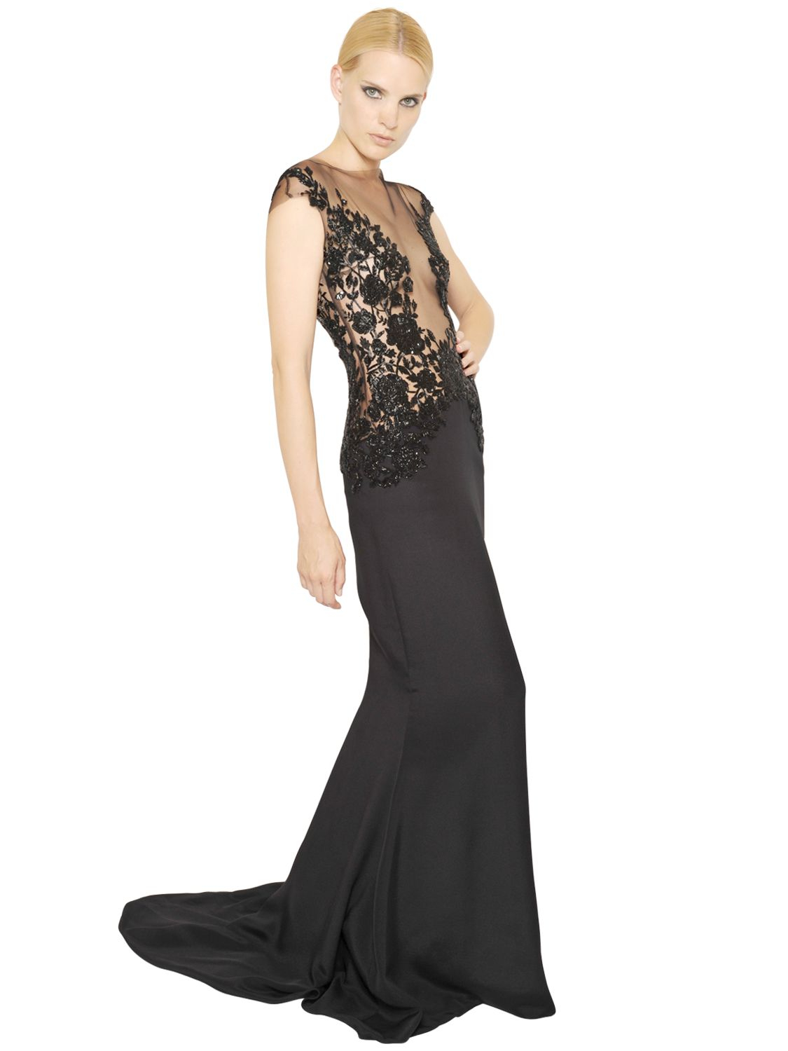 Reem Acra Embroidered Satin Long Dress in Black (BLACKNUDE)