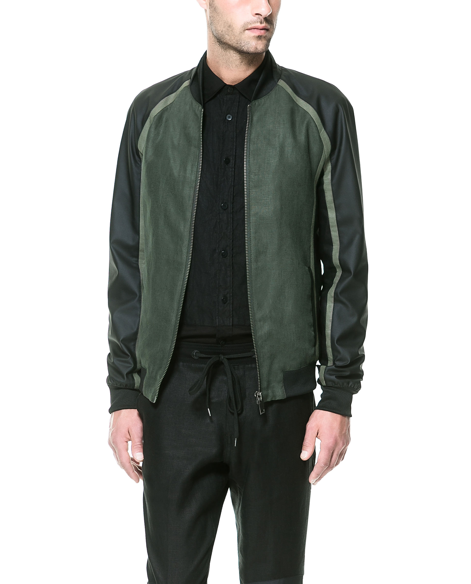 Zara Combination Linen and Faux Leather Jacket in Green for Men (Khaki