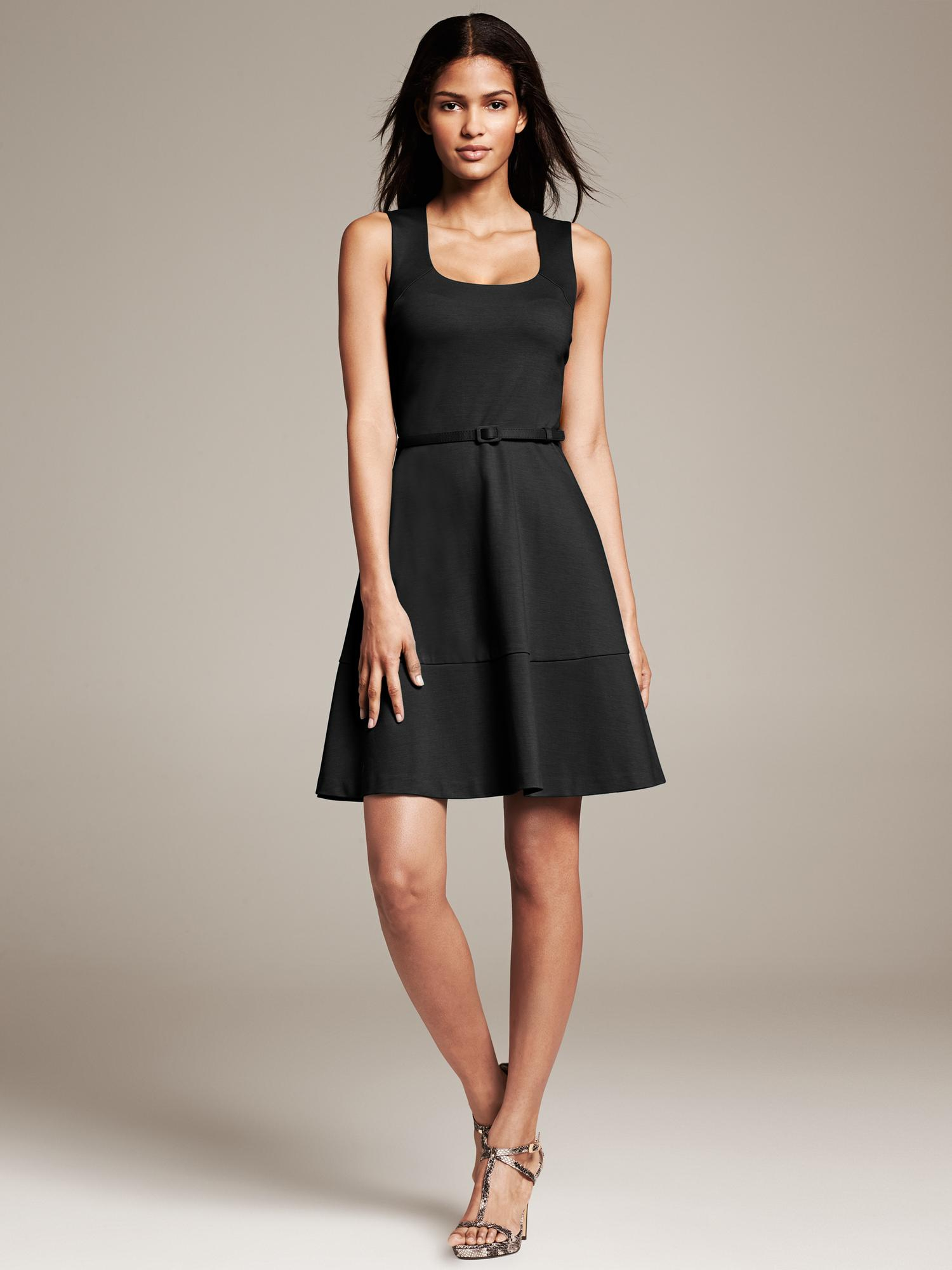 Banana Republic Belted Ponte Fit and Flare Dress in Black | Lyst
