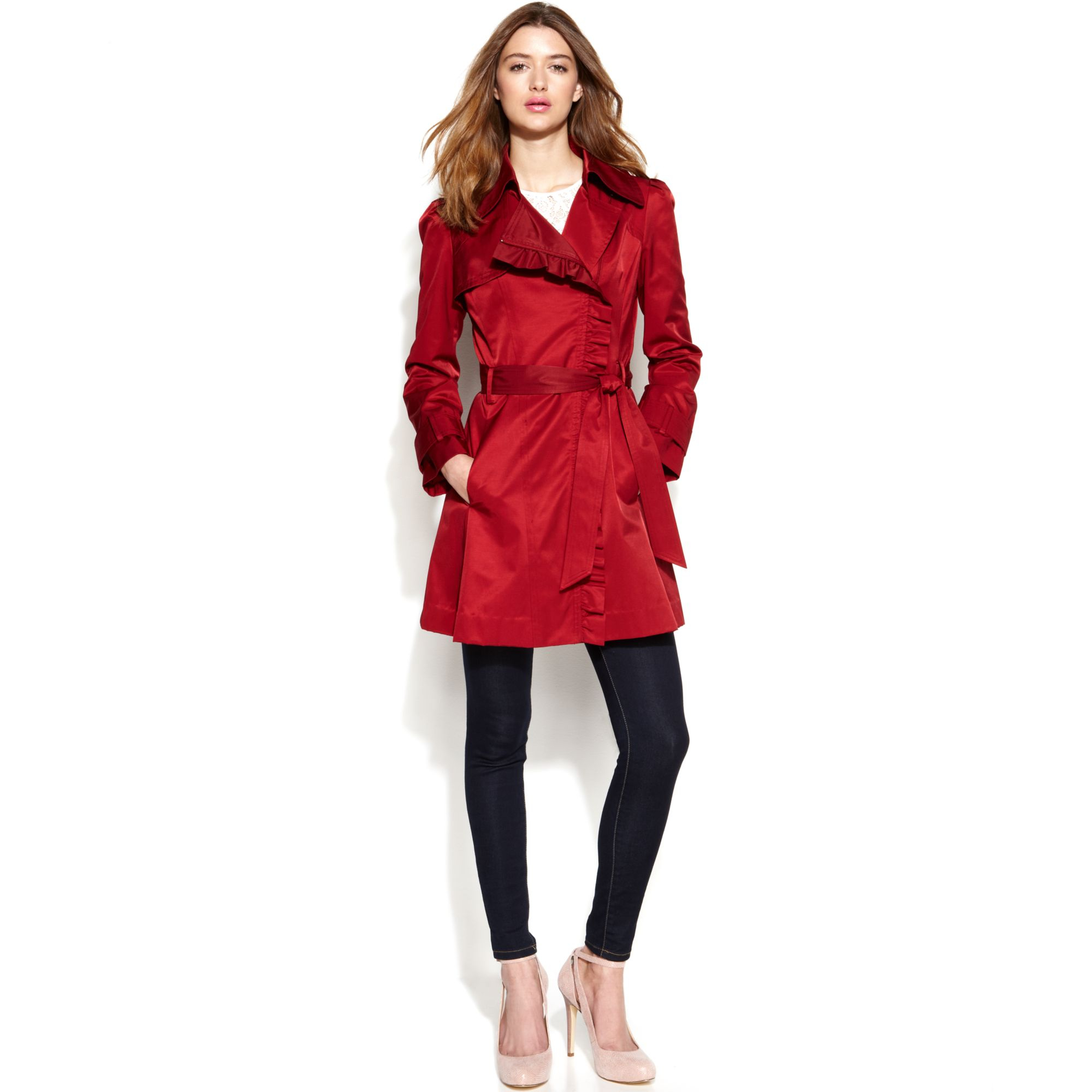 Jessica Simpson Ruffletrim Belted Trench Coat in Red (Cabernet) | Lyst2000 x 2000