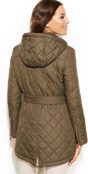 Steve Madden Hooded Belted Quilted Puffer Coat in Brown (Olive) | Lyst