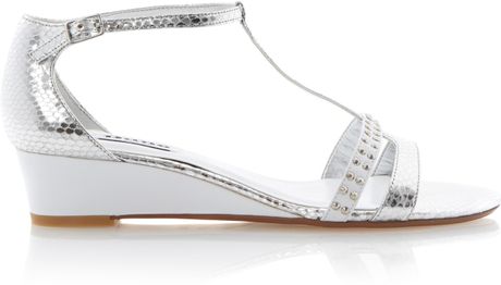 Dune Guida Tbar Low Wedge Sandal in Silver | Lyst