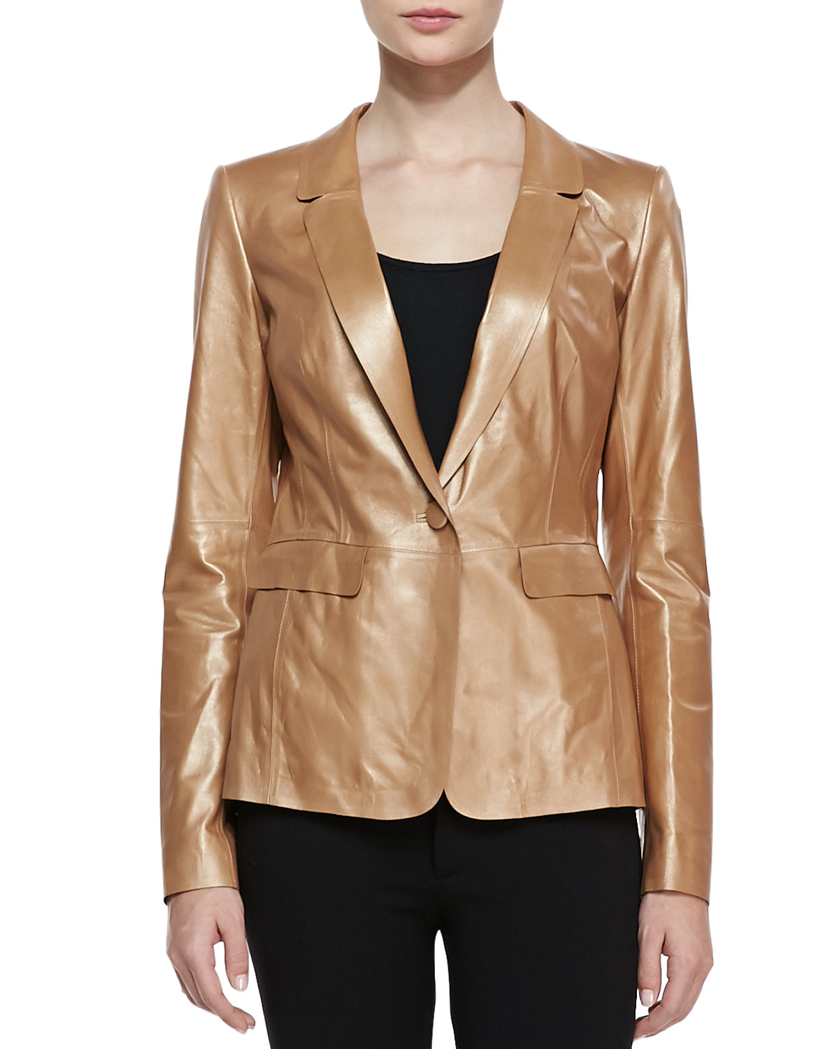 Lafayette 148 New York Shimmer Leather Onebutton Jacket in Gold (COPPER