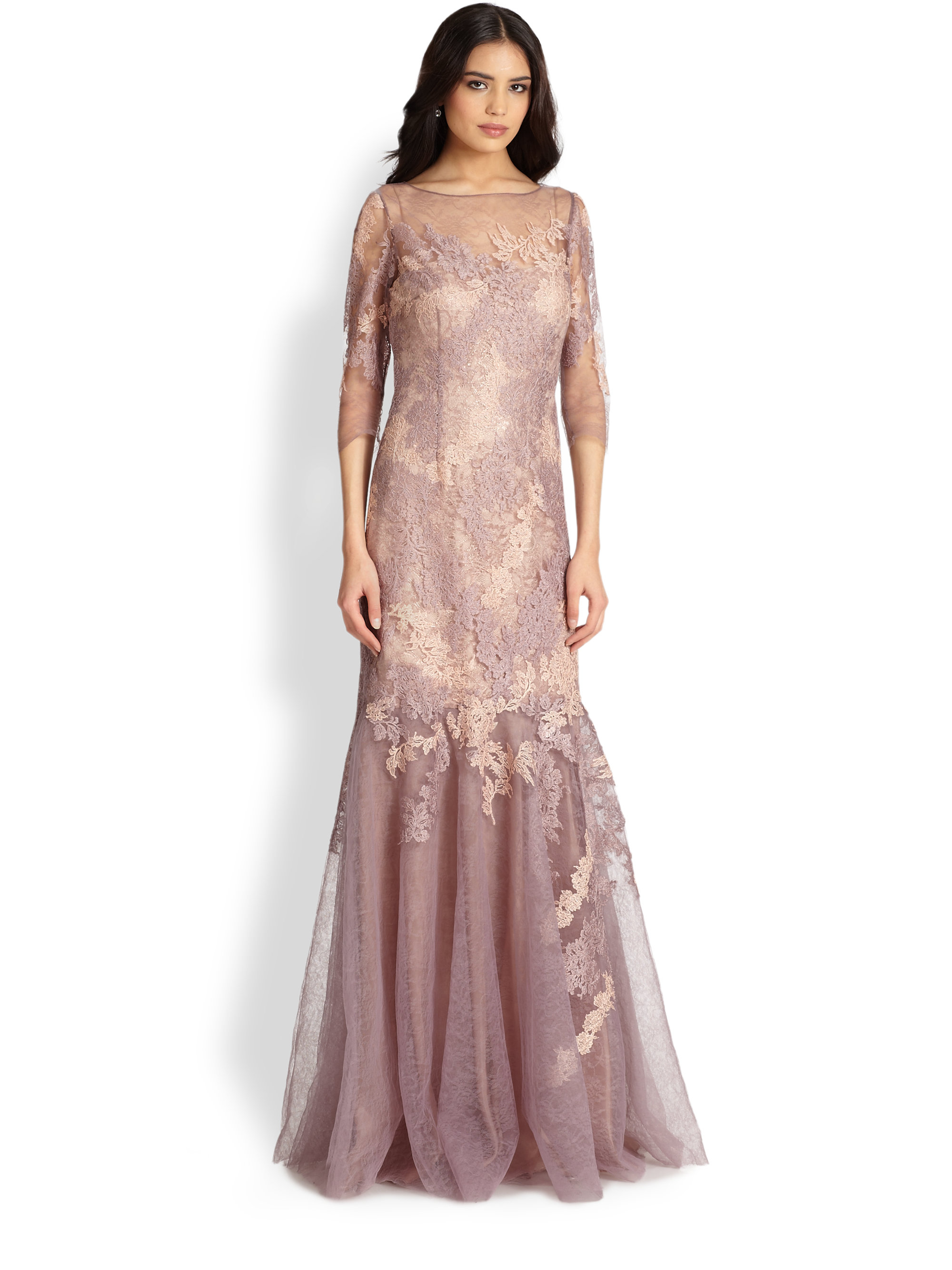 Teri Jon Three quarter Sleeve Applique Mermaid Gown in Purple (MAUVE